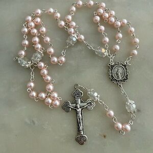 Elegant Pink and Silver Rosary Necklace